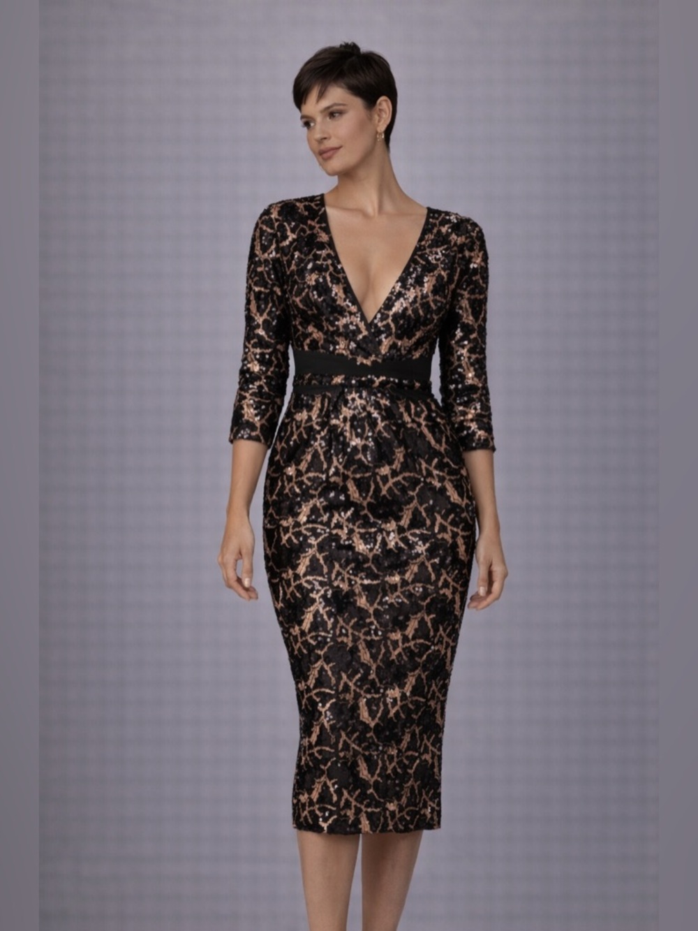 Sequin Deep V Long-Sleeve Midi Dress in Black and Rose Gold